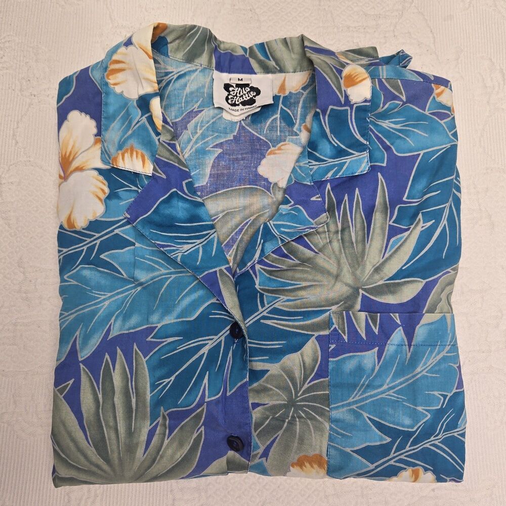 Hawaiian Vintage Hilo Hattie Aloha Shirt Mens Medium Floral Business Casual Blue